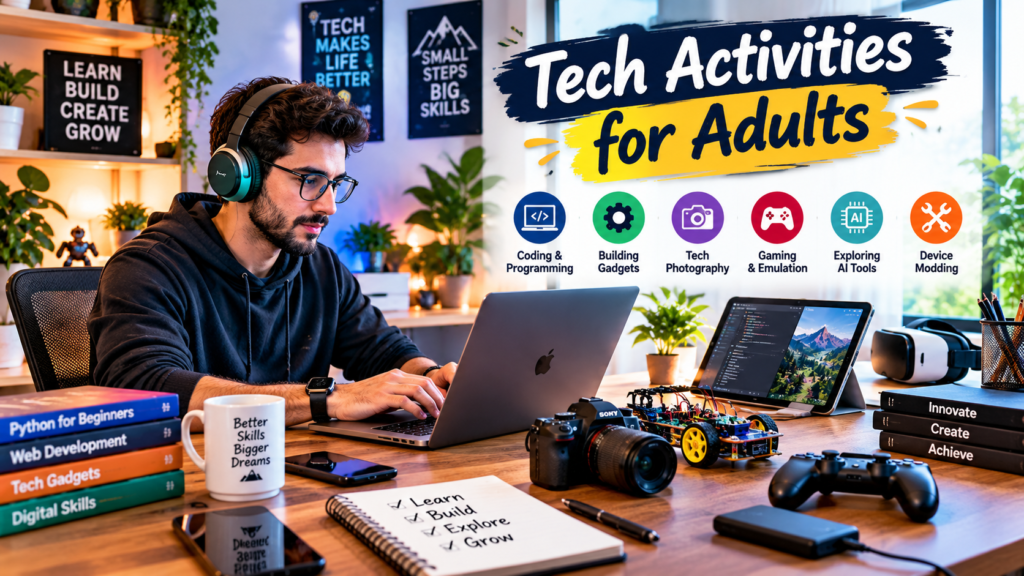 Discover 35+ Tech Activities for Adults, including coding, AI, electronics, robotics, digital art, 3D printing, smart home projects, and more.